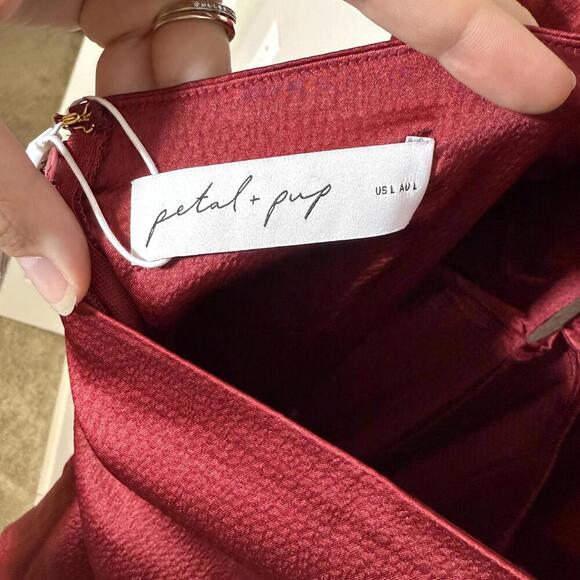 Petal & Pup Wine Red Satin Halter Wide Leg Jumpsuit NWT Size Large - Picture 2 of 5